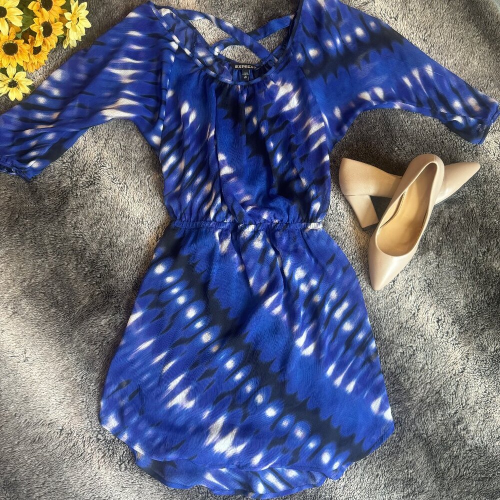 Express Blue Patterned Sheer Lined Dress XS EUC